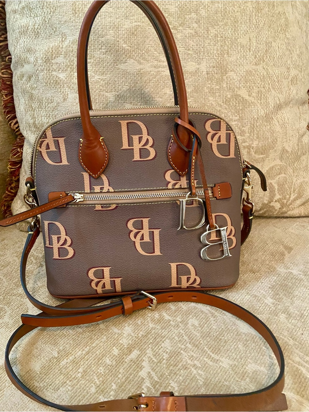 Dooney & Bourke Brown Logo Dome Satchel with Tan Trim